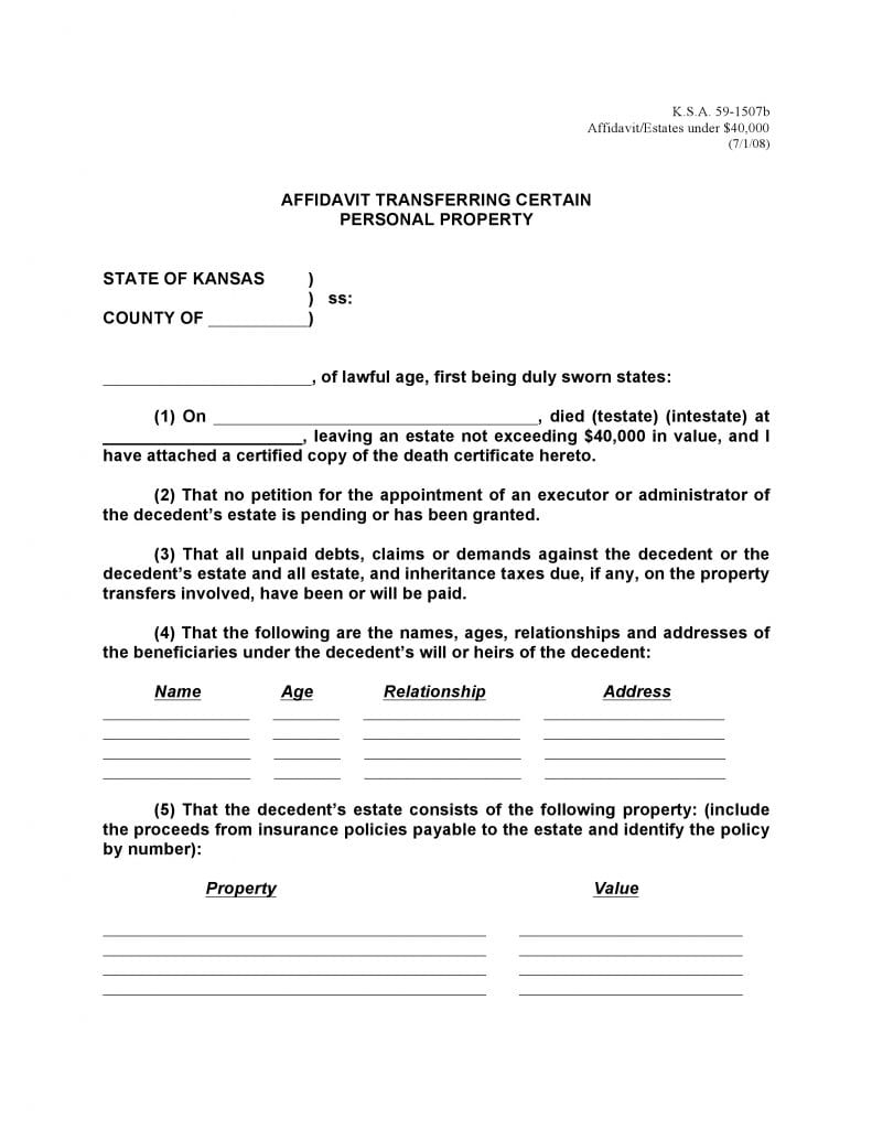 Download Free Kansas Small Estate Affidavit Form Form Download