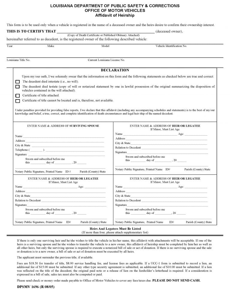 Download Free Louisiana Affidavit Of Heirship Vehicle Only Form 1696 