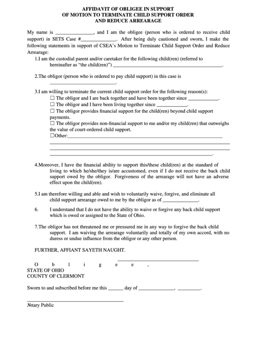 Fillable Affidavit Of Obligee In Support Of Motion To Terminate Child