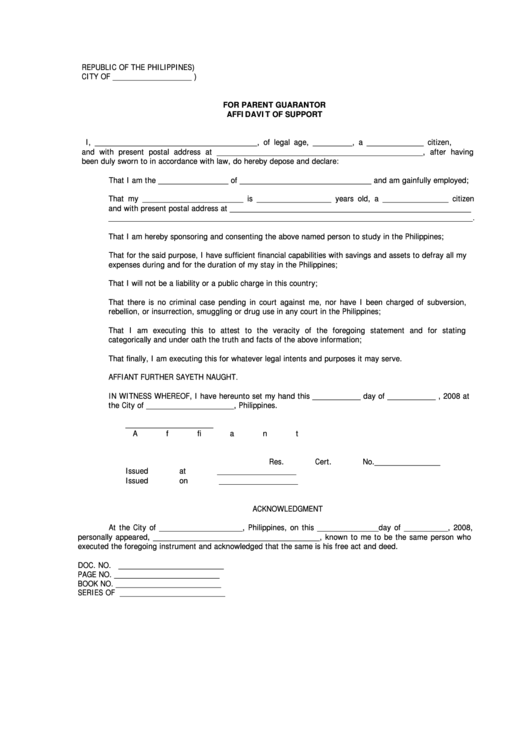 Fillable Affidavit Of Support For Parent Guarantor Republic Of The 