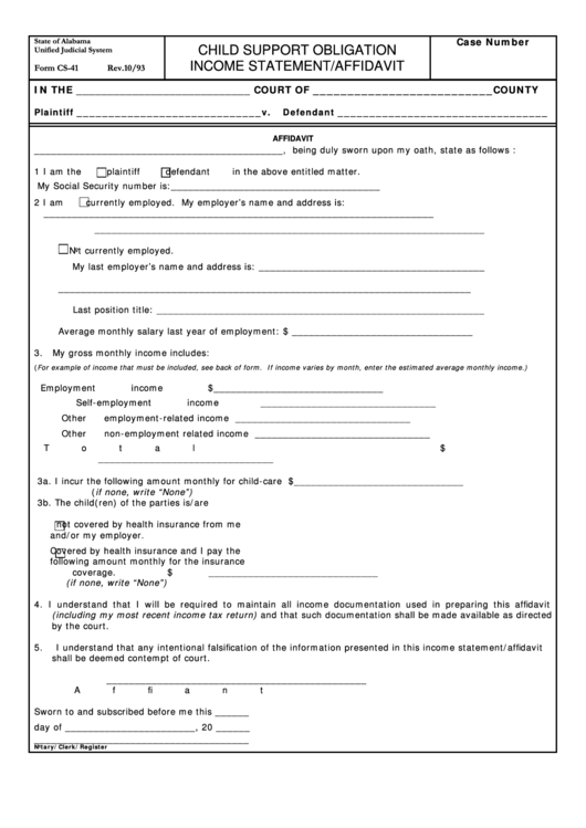 Fillable Child Support Obligation Income Statement affidavit Printable 