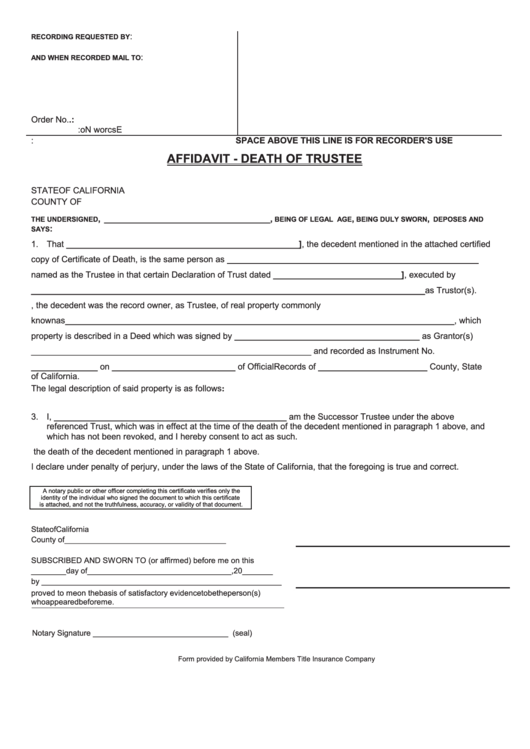 Fillable Death Of Trustee Affidavit Form State Of California 