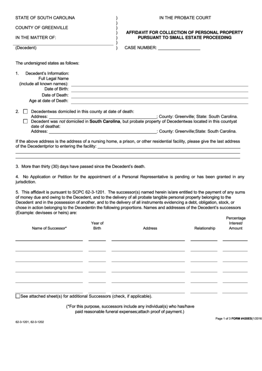 Fillable Form 420es Affidavit For Collection Of Personal Property 