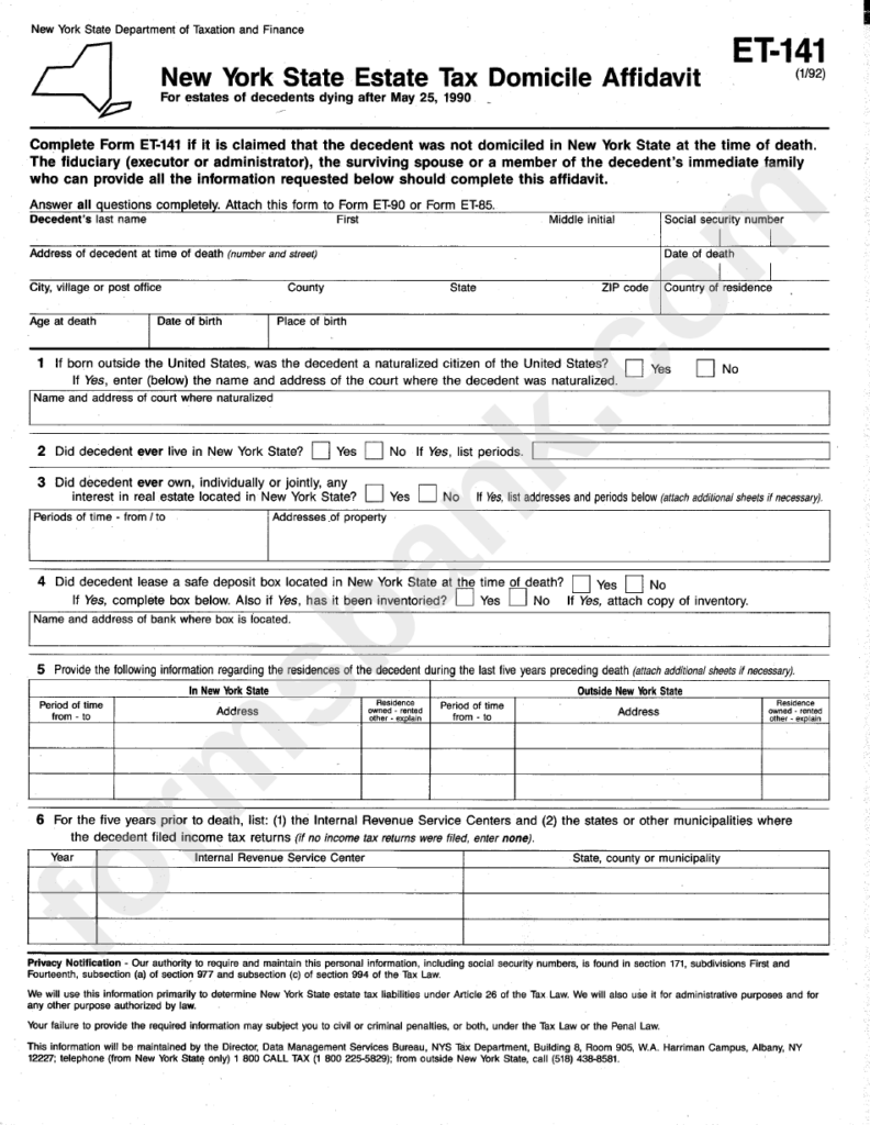 Fillable Form Et 141 New York State Estate Tax Domicile Affidavit 