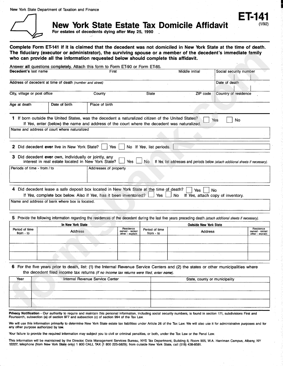 Fillable Form Et 141 New York State Estate Tax Domicile Affidavit