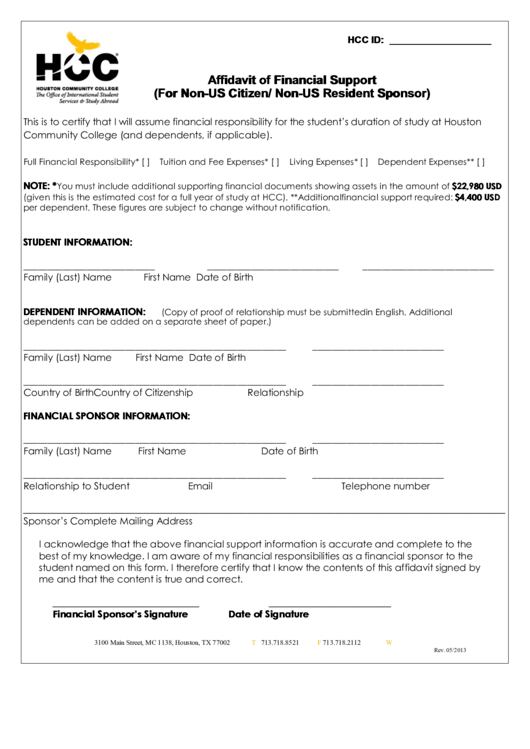 Fillable Hcc Affidavit Of Financial Support Printable Pdf Download