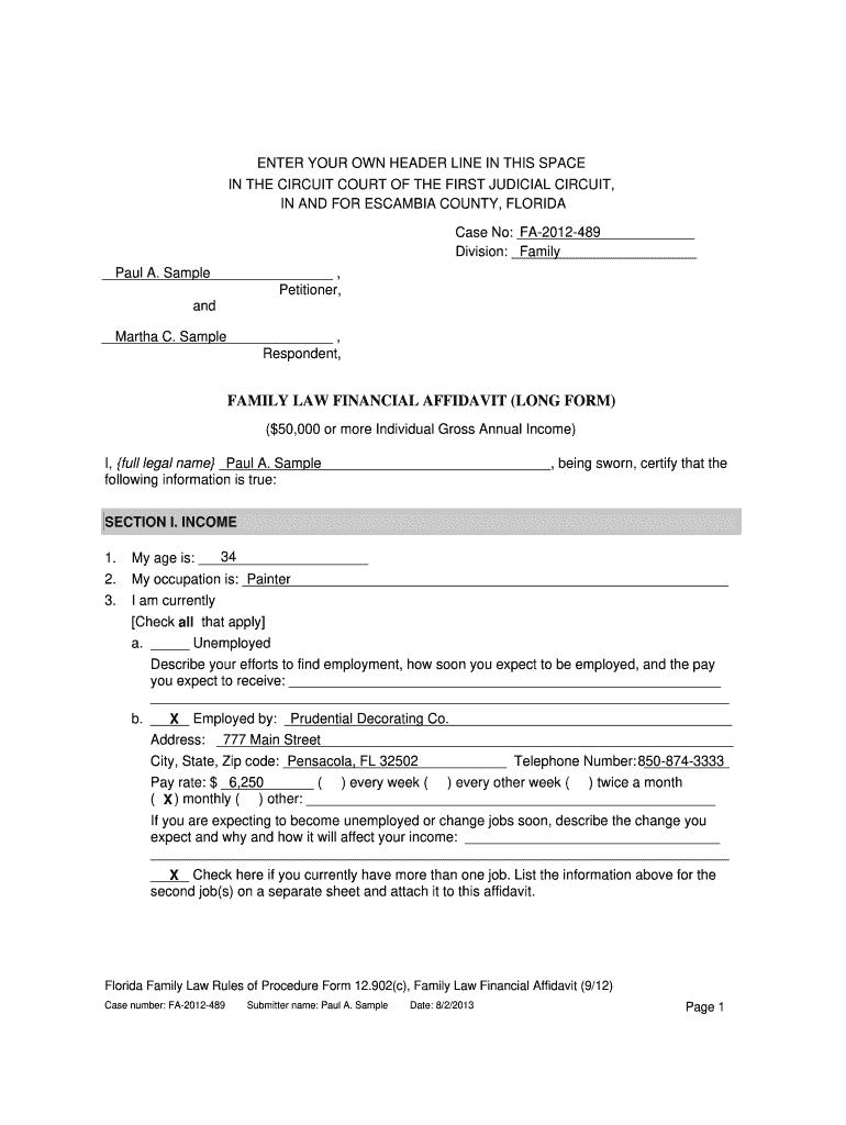Fillable Online Florida Family Law Financial Affidavit Over 50 000 Form