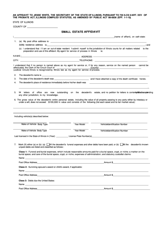 Fillable Small Estate Affidavit Form Illinois Secretary Of State