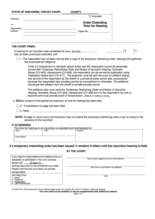 Form Cv 408 Order Extending Time For Hearing Printable Pdf Download