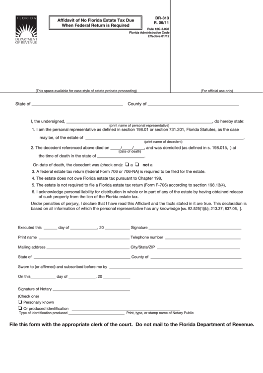 Form Dr 313 Affidavit Of No Florida Estate Tax Due When Federal 