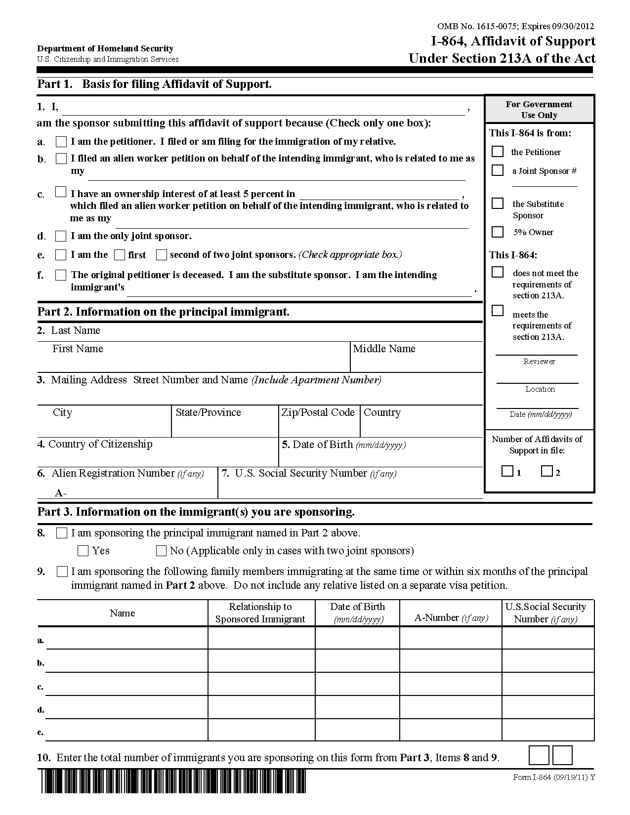 Form I 864 Affidavit Of Support Under Section 213A Of The Act