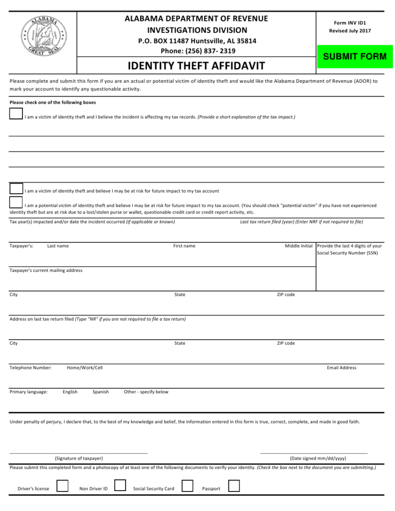 Form INV ID1 Download Fillable PDF Or Fill Online Identity Theft 