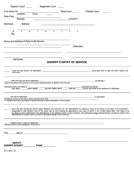 Form Sc 2 Sheriff S Entry Of Service Georgia Printable Pdf Download