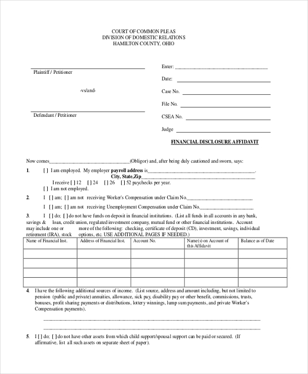 Free Printable Financial Affidavit Form