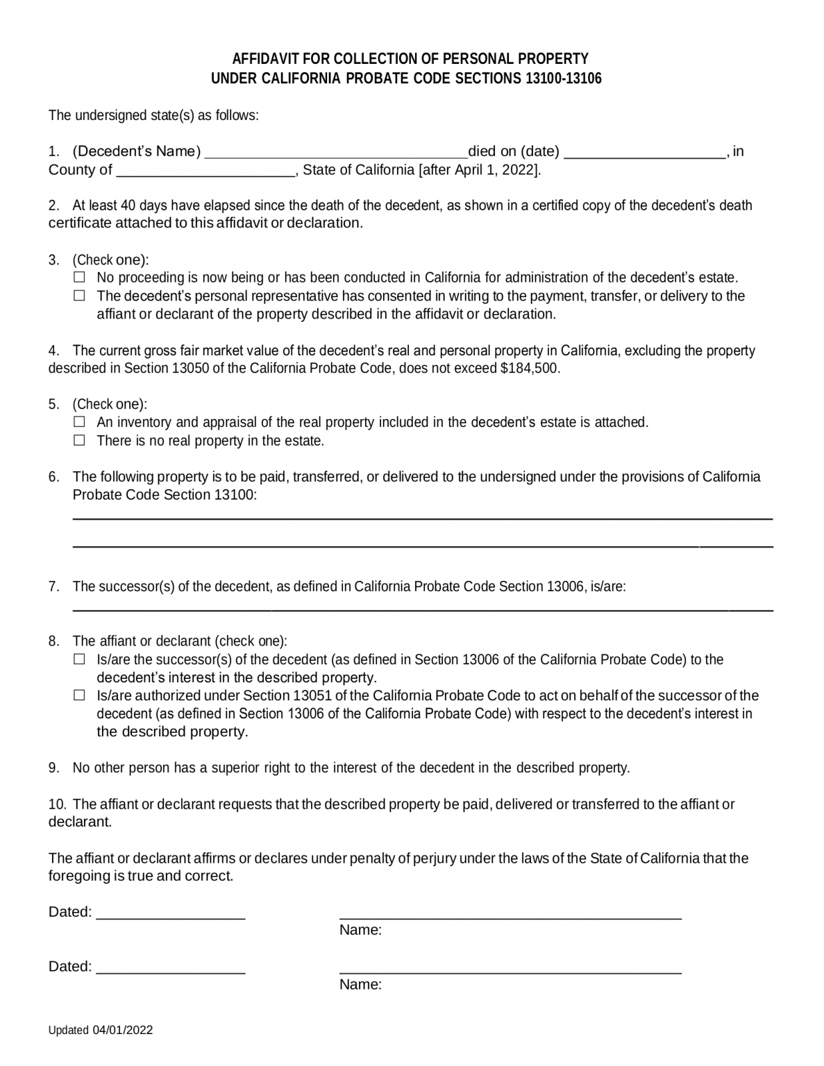 Free California Small Estate Affidavit Affidavit For Collection Of