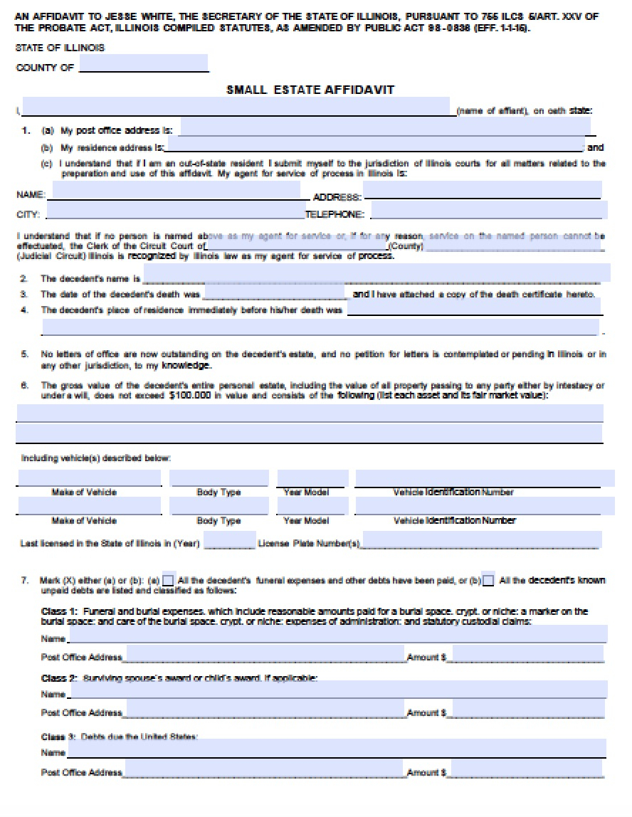 Free Illinois Small Estate Affidavit Form PDF Word