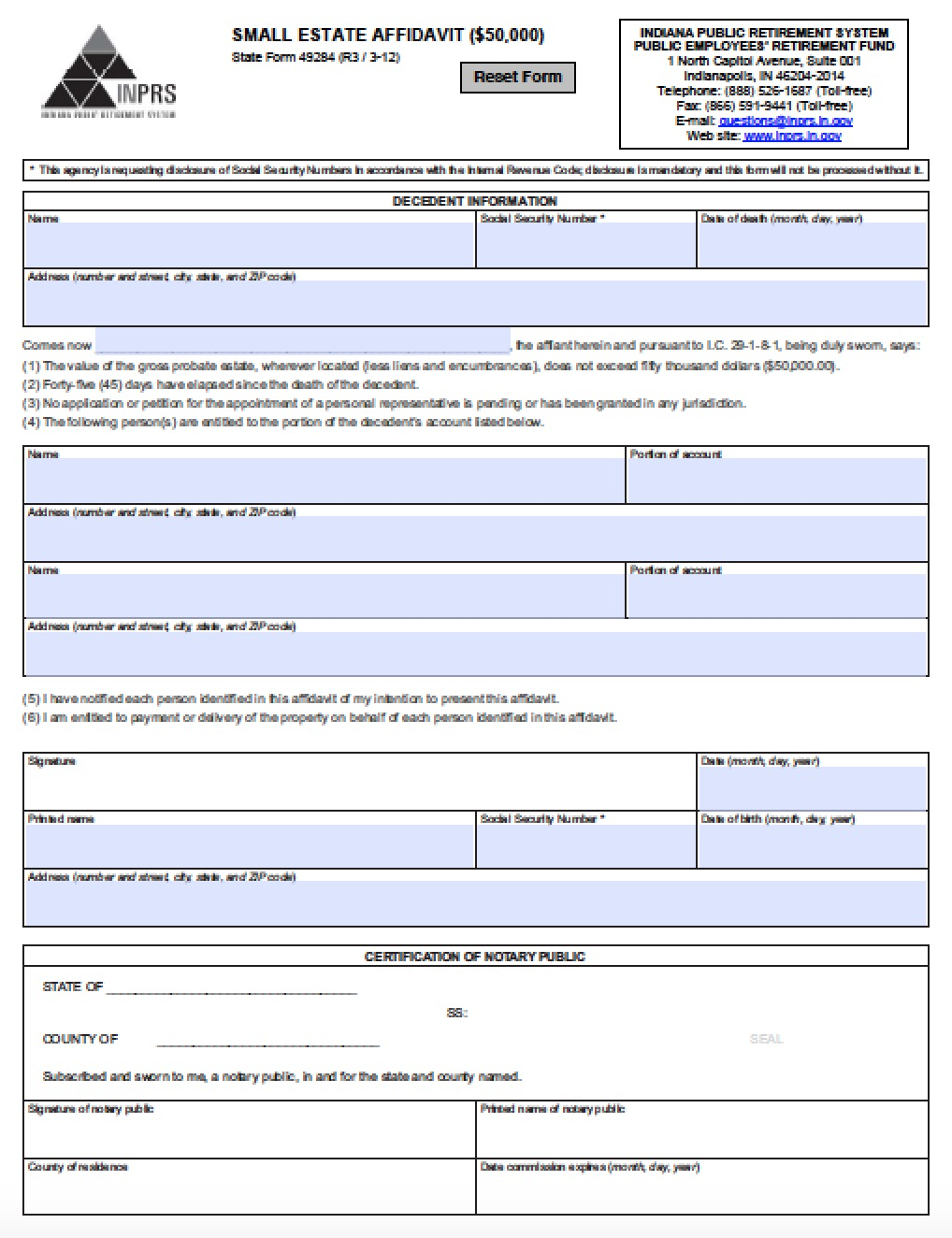 Free indiana small estate affidavit form 2024 printableaffidavitform
