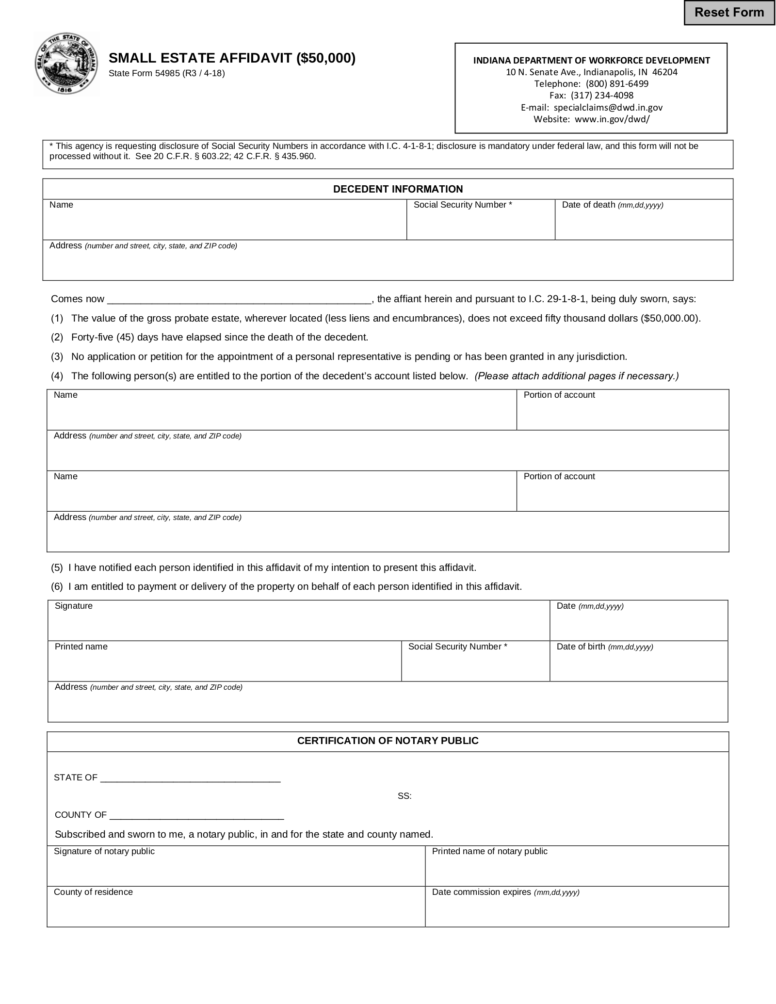 Indiana Small Estate Affidavit Form 2024 PrintableAffidavitForm