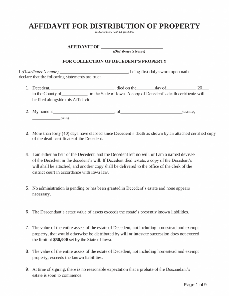 Free Iowa Small Estate Affidavit Form Affidavit Of Administration 