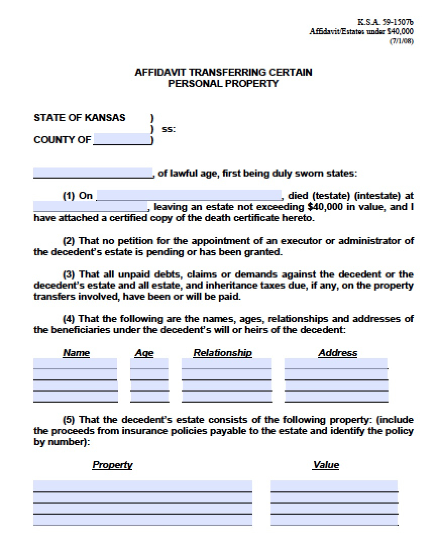 Free Small Estate Affidavit Form Kansas 2023 - PrintableAffidavitForm.com
