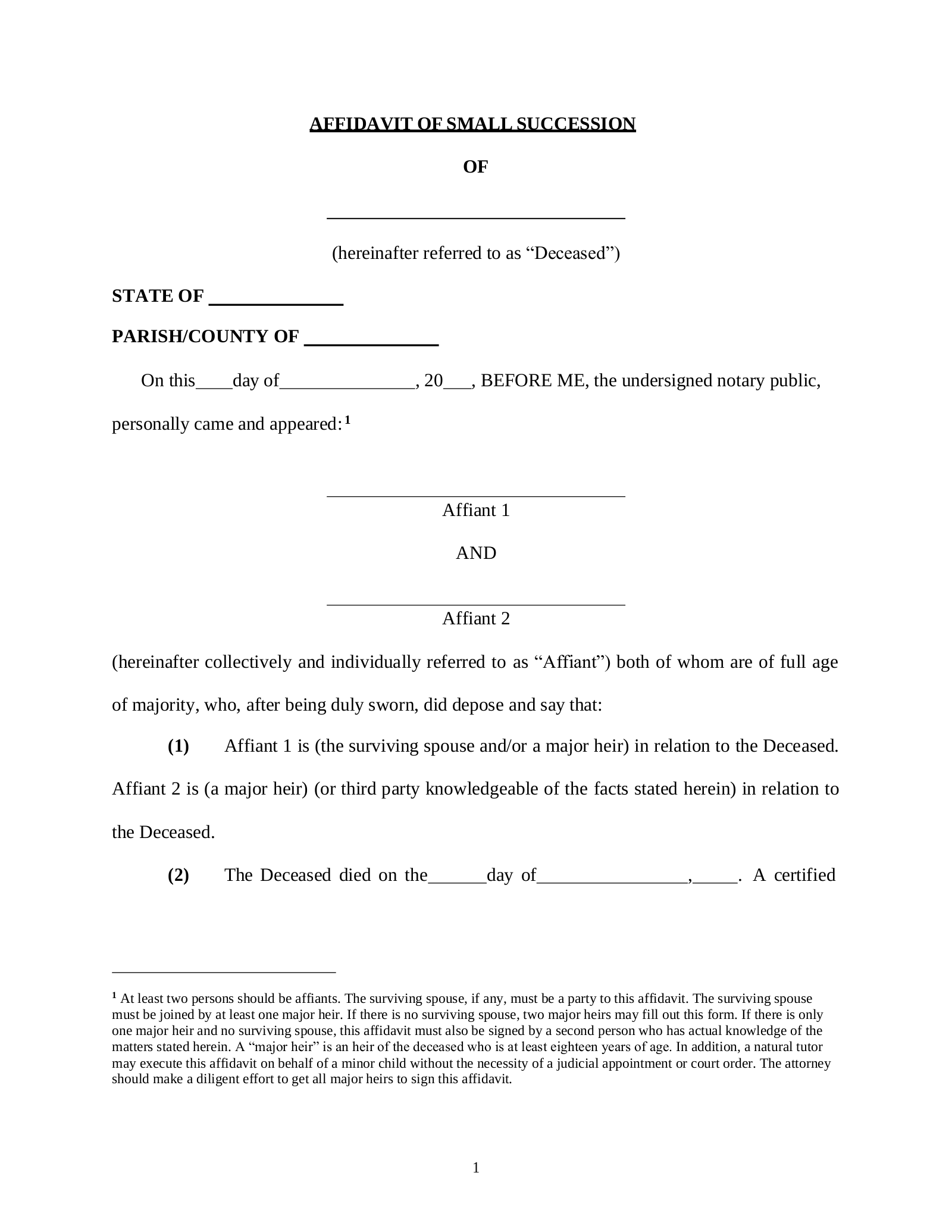 Free Louisiana Small Estate Affidavit Affidavit Of Small Succession