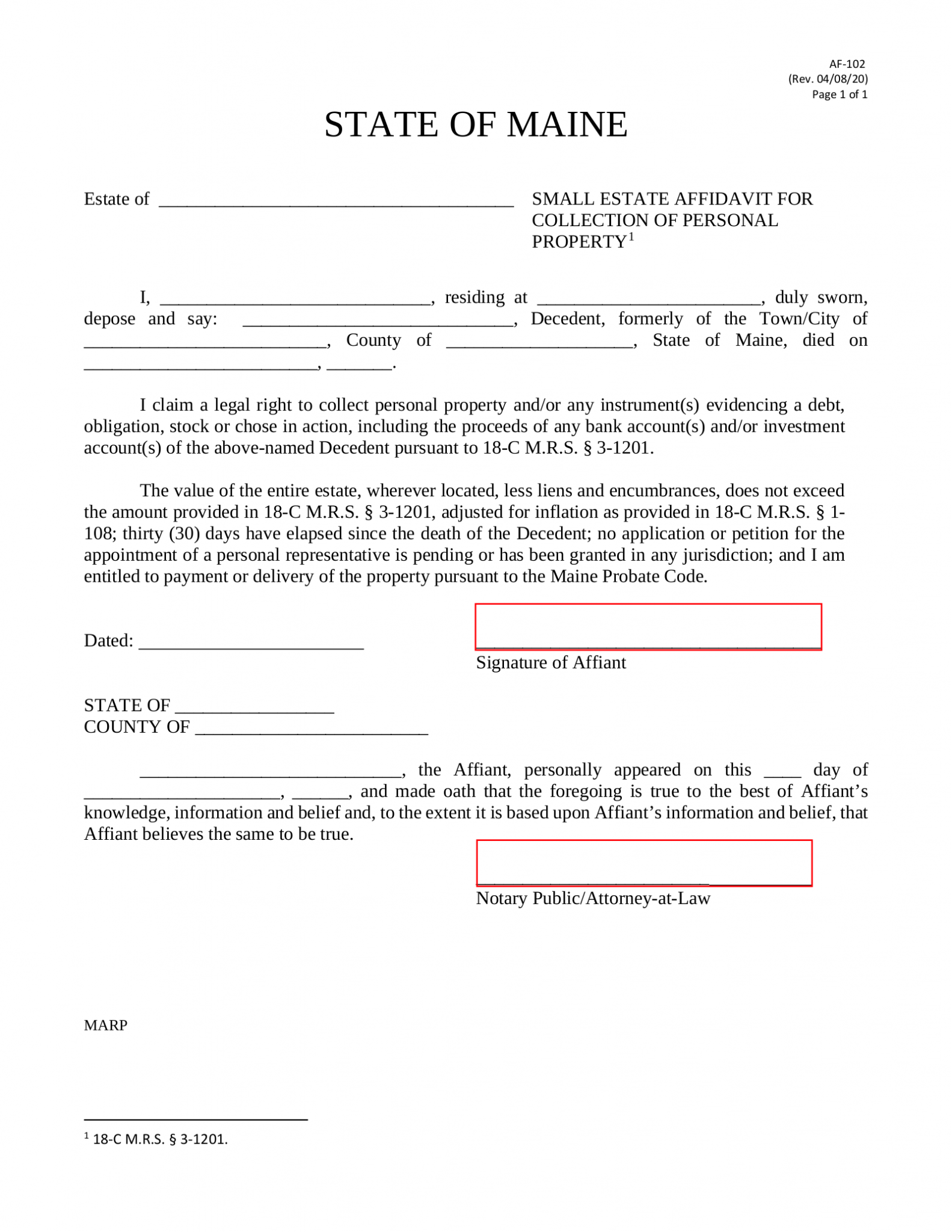 Free Maine Small Estate Affidavit Collection Of Personal Property