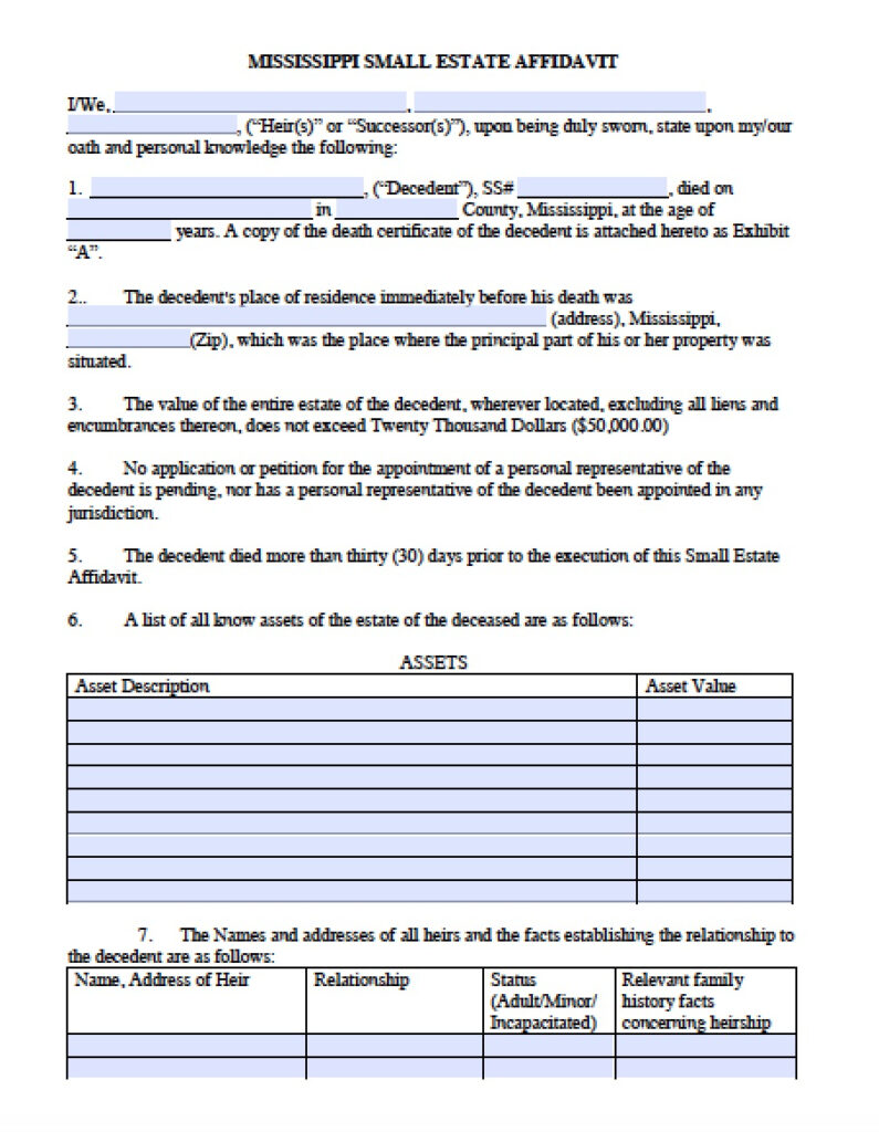 Free Mississippi Small Estate Affidavit Form PDF Word