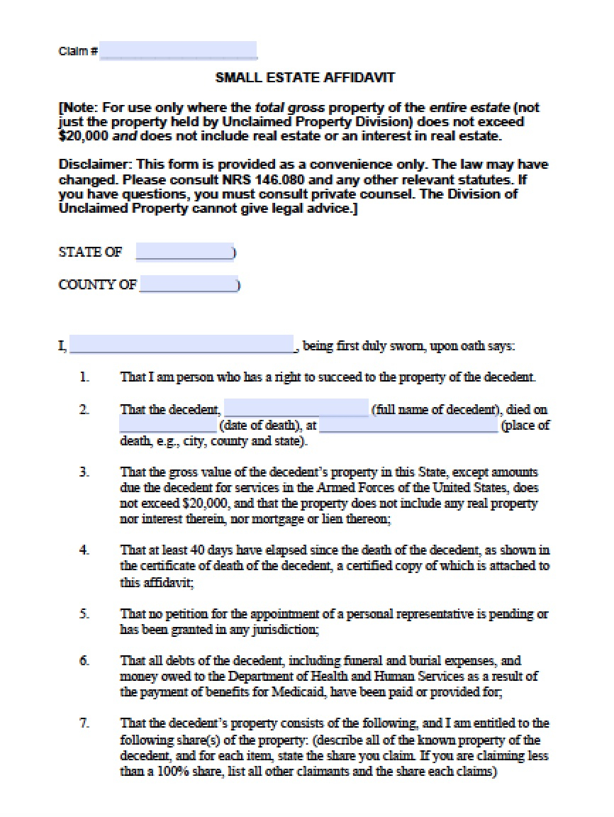 Free Nevada Small Estate Affidavit Form PDF Word