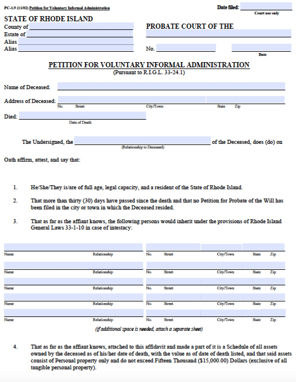 Free Rhode Island Small Estate Affidavit PC 1 9 Form PDF Word