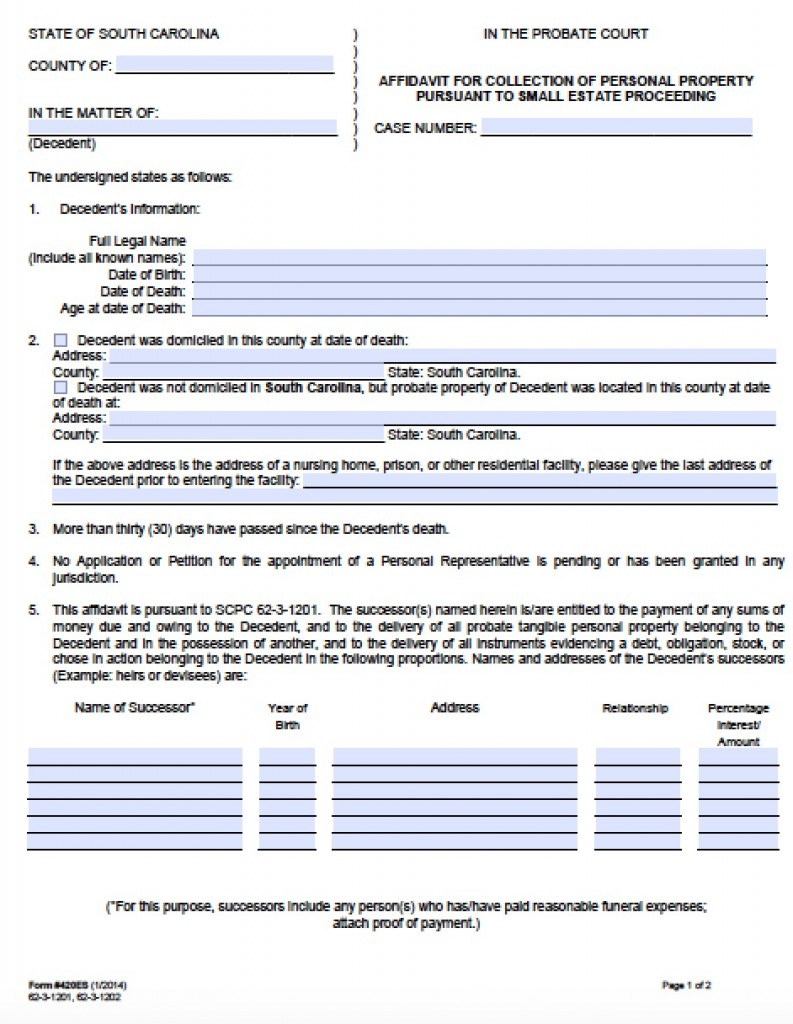 Free South Carolina Small Estate Affidavit 420ES Form PDF Word