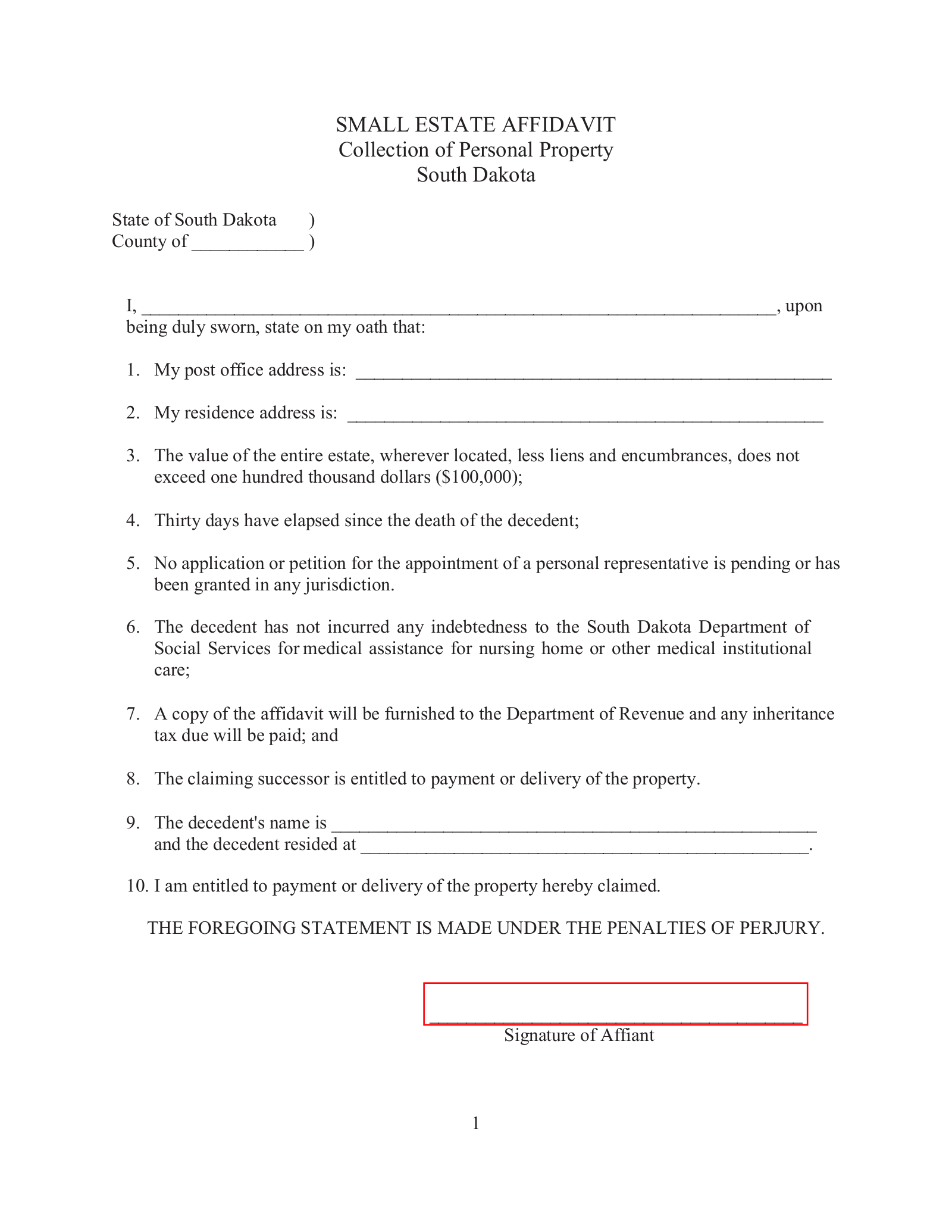 Free South Dakota Small Estate Affidavit Collection Of Personal