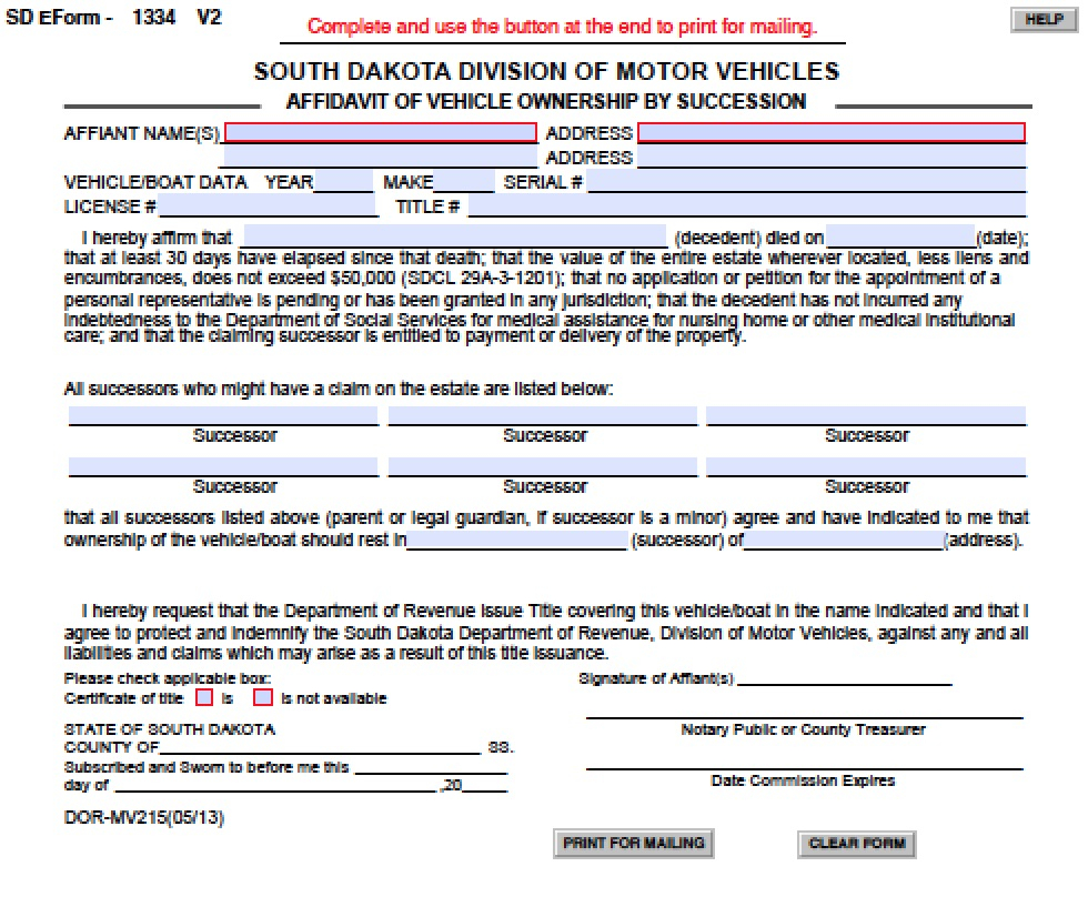 Free South Dakota Small Estate Affidavit Form PDF Word