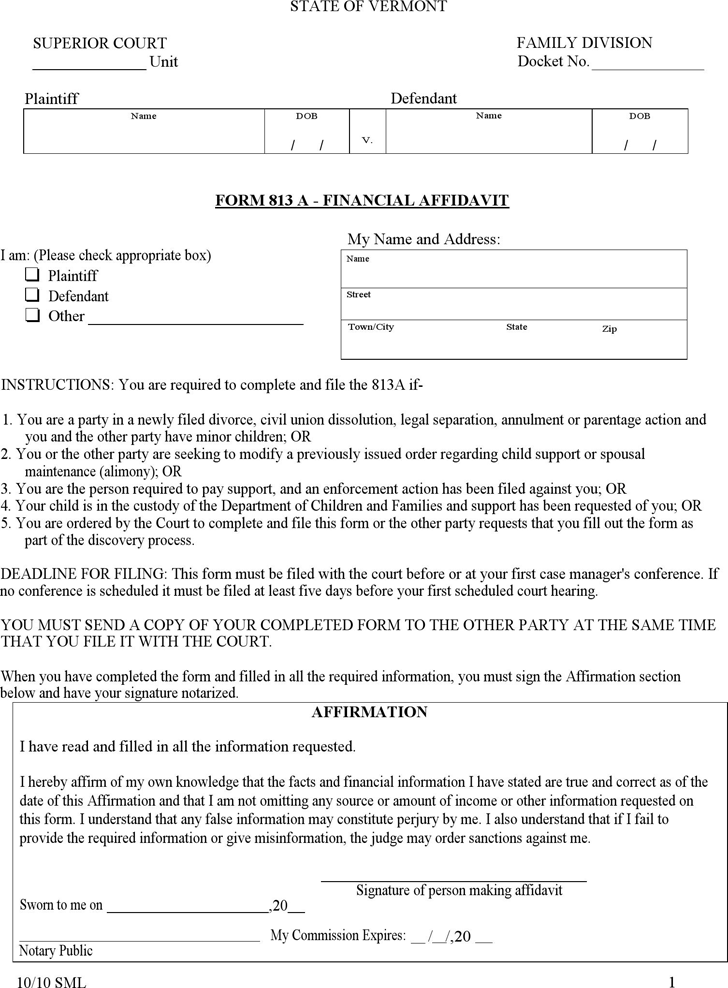 Free Vermont Financial Affidavit Income And Expenses Form PDF 70KB 