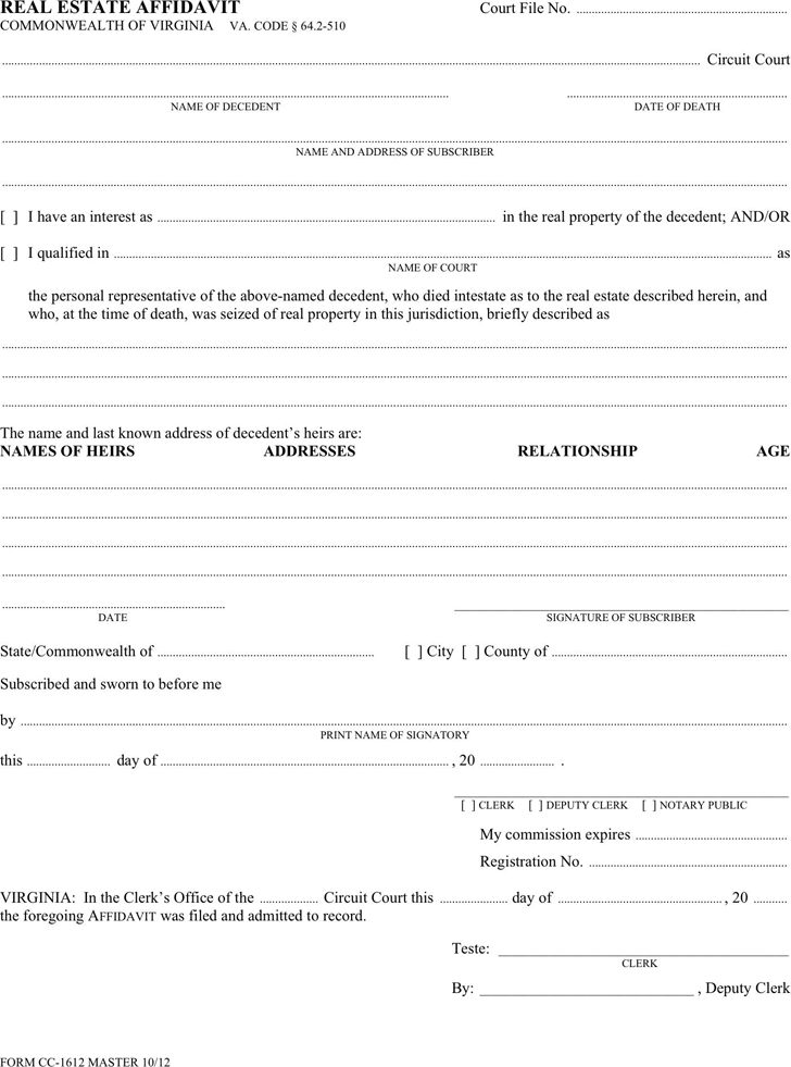 Free Virginia Real Estate Affidavit PDF 41KB 1 Page s 