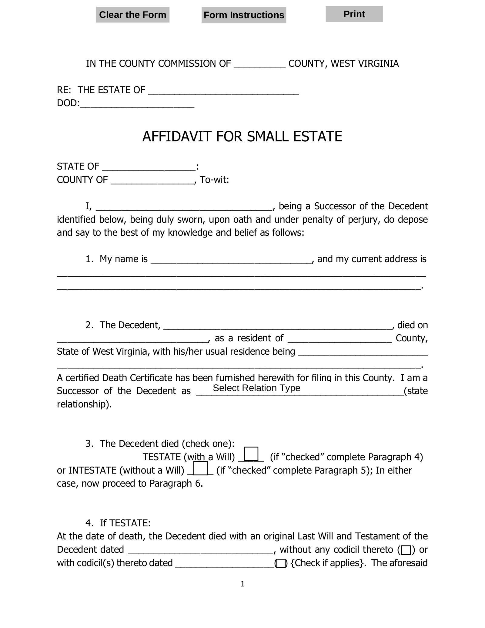 Free West Virginia Small Estate Affidavit Form PDF EForms