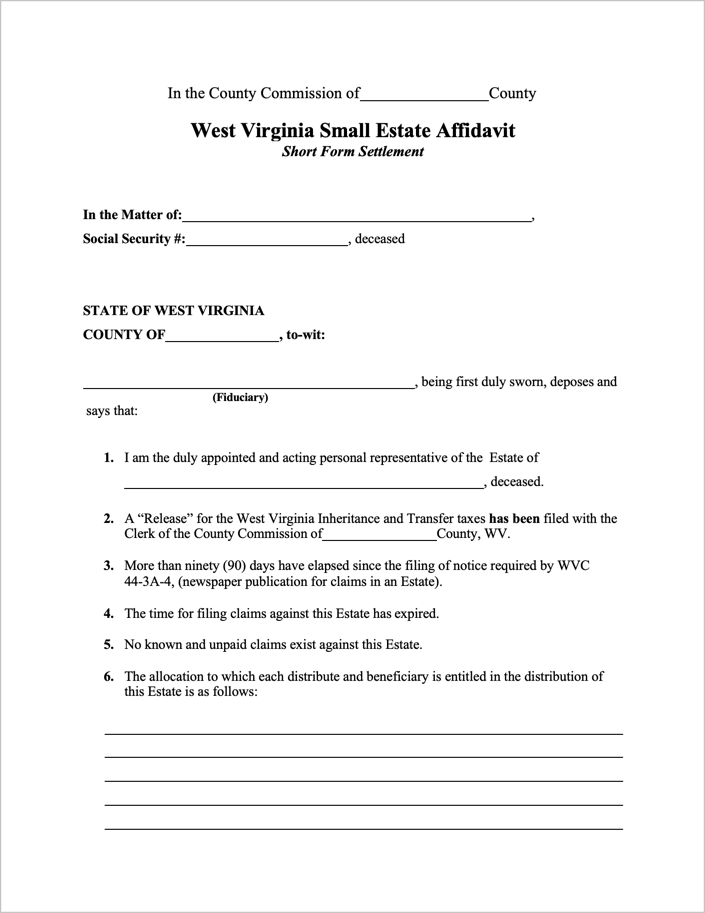 Free West Virginia Small Estate Affidavit Form PDF WORD