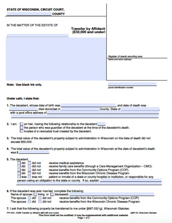 Free Wisconsin Small Estate Affidavit Form PDF Word