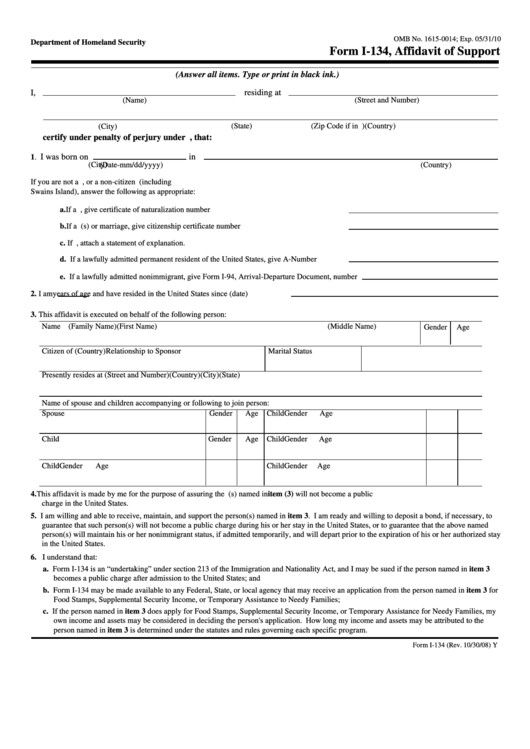 I 134 Fillable Form Fillable Form I 134 Affidavit Support Printable Pdf
