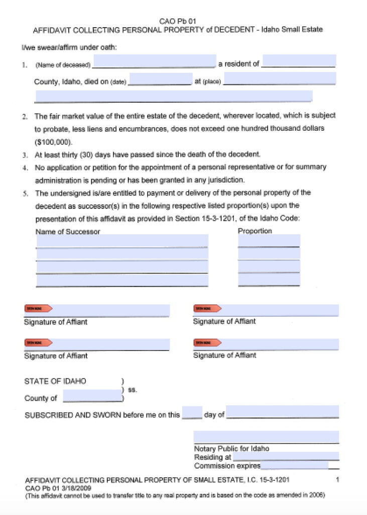 Idaho Small Estate Affidavit Affidavit Forms