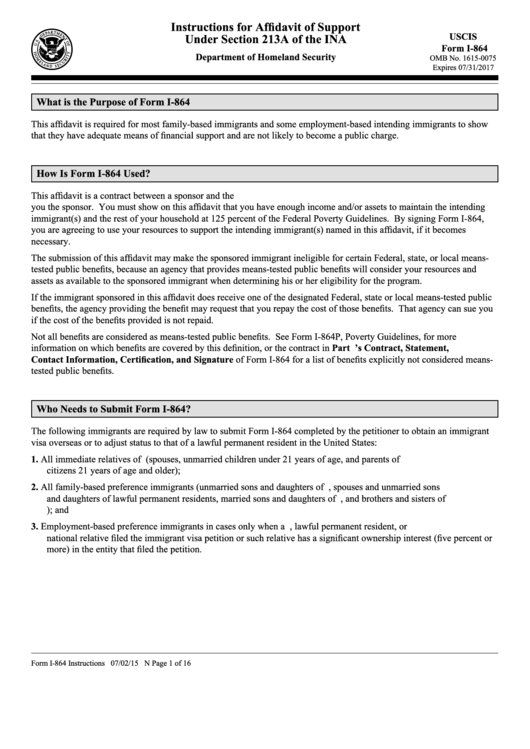Instructions For Form I 864 Affidavit Of Support Under Section 213a