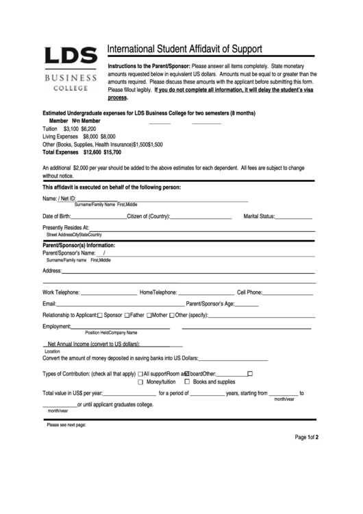 International Student Affidavit Of Support Form Printable Pdf Download