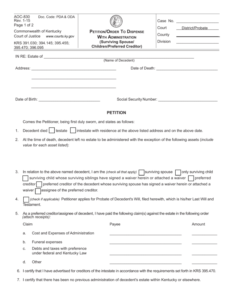 Kentucky Small Estate Affidavit Form AOC 830 EForms