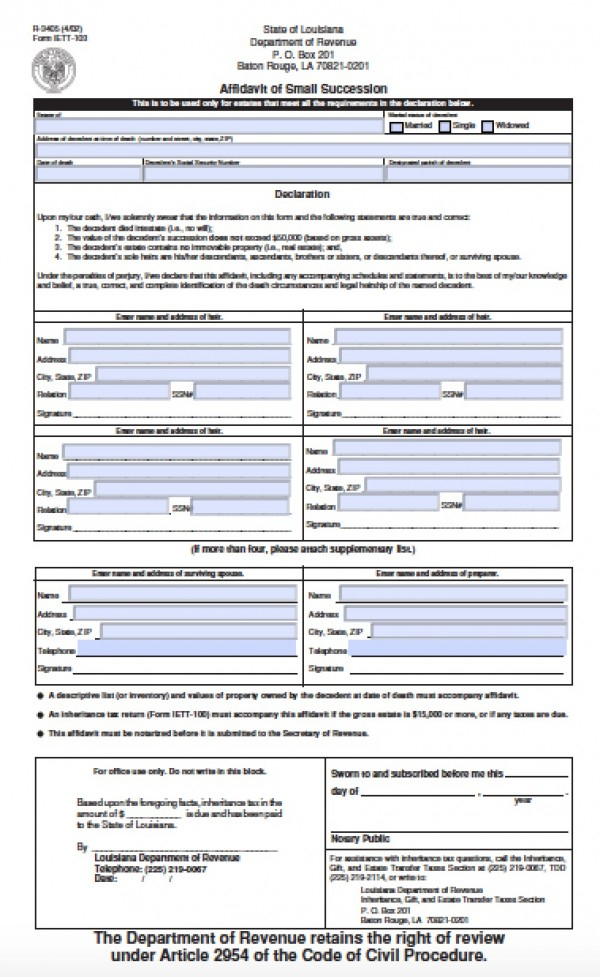 Louisiana Affidavit Of Small Succession