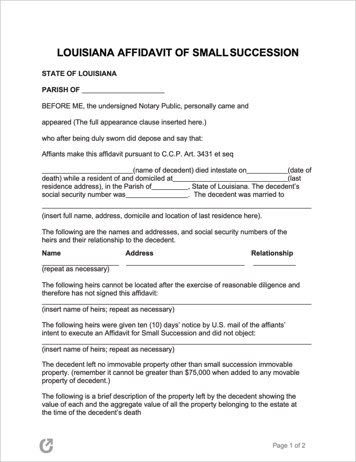 Louisiana Affidavit Of Small Succession