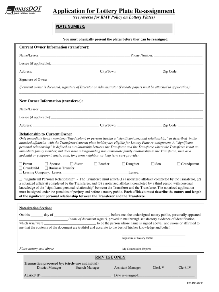 Ma Rmv Lottery Plate Reassignment Fill Online Printable Fillable 