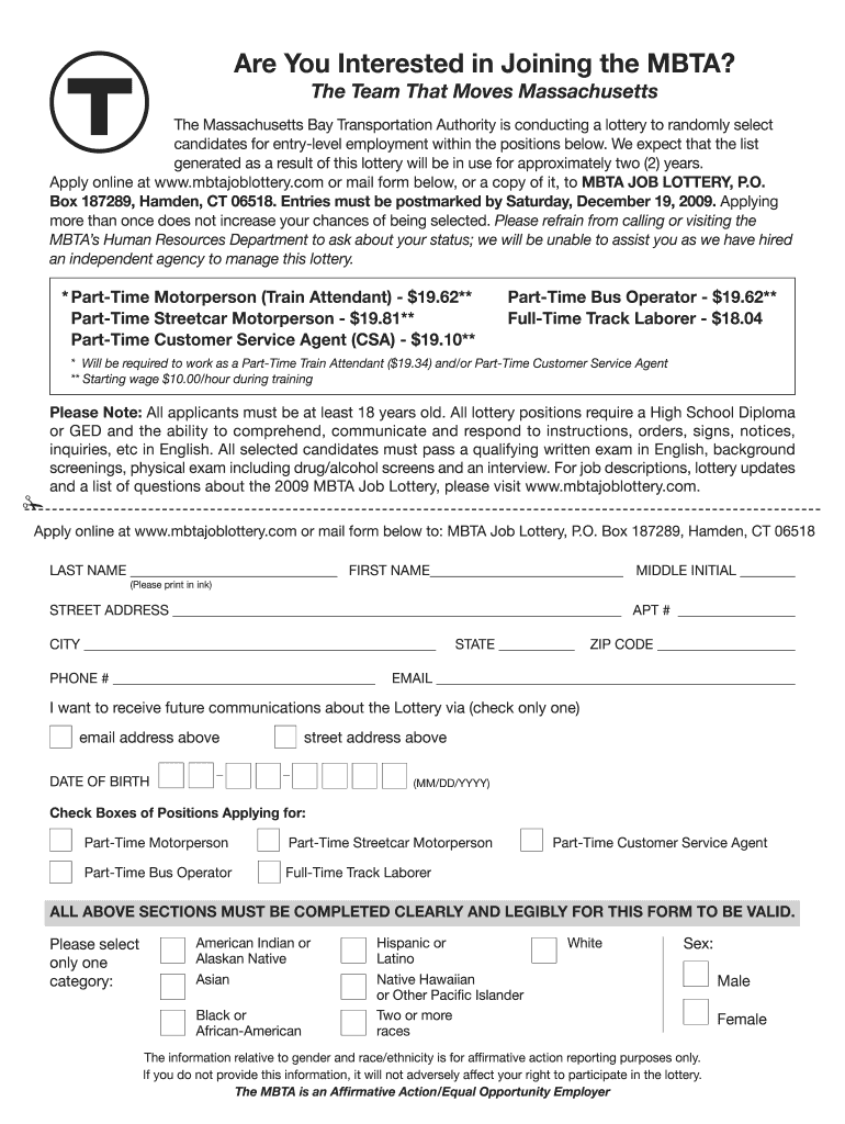 Mbta Job Lottery 2021 Fill Online Printable Fillable Blank PdfFiller