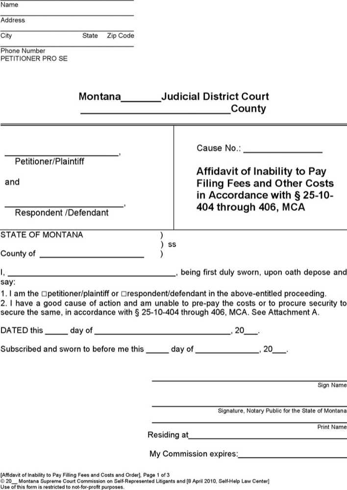 Montana Affidavit Of Inability To Pay Form Download Free Premium