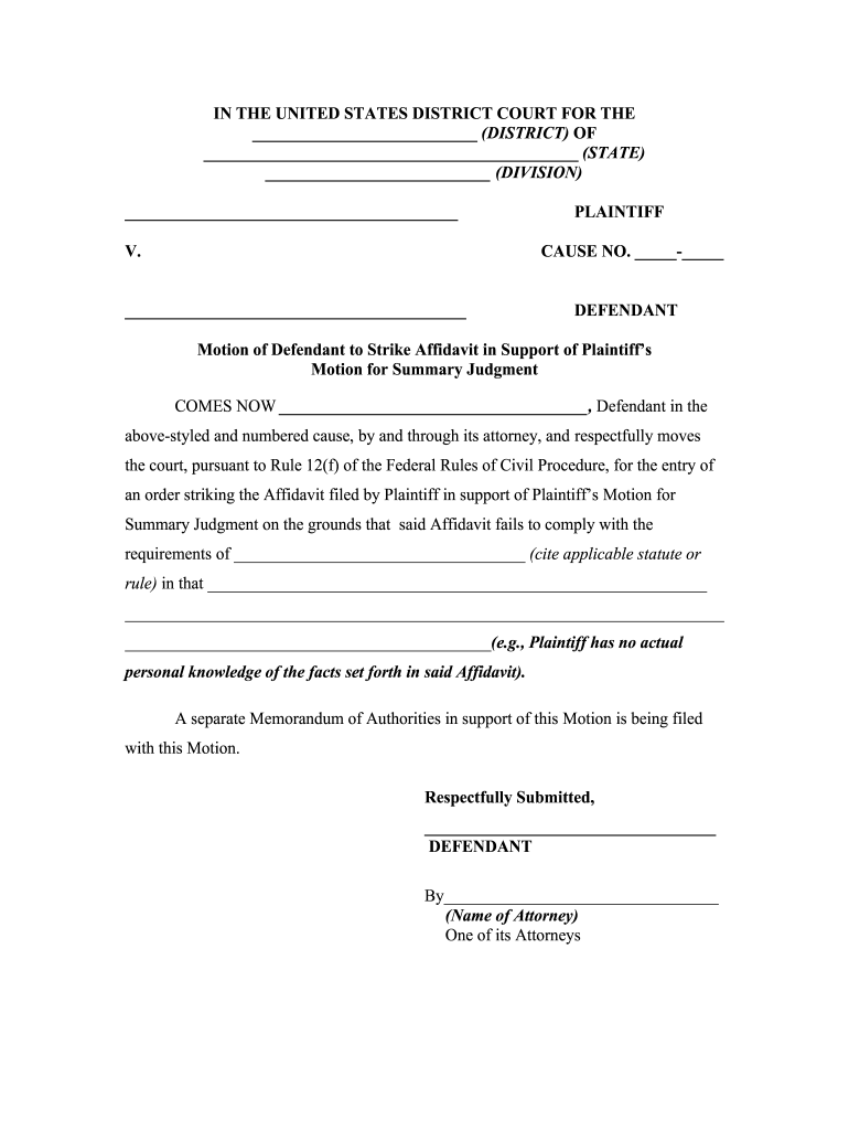 Motion Of Defendant To Strike Affidavit In Support Of PlaintiffsMotion 
