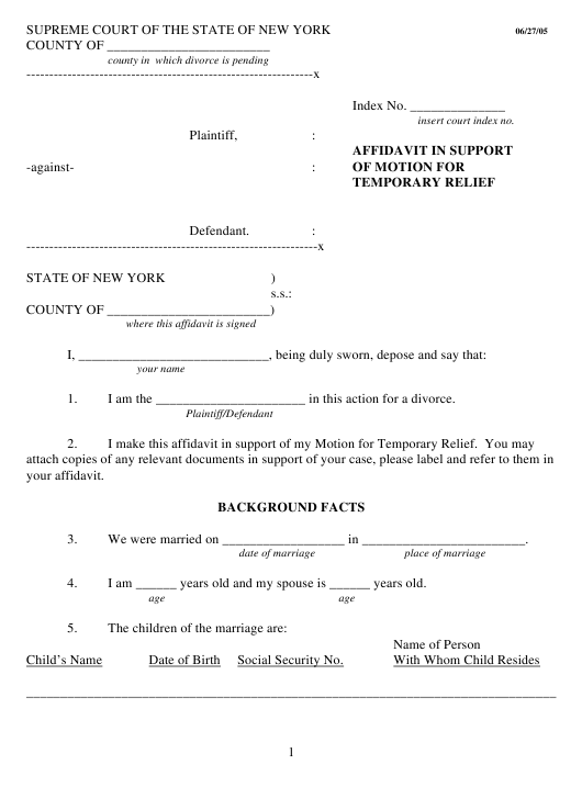 New York Affidavit In Support Of Motion For Temporary Relief Download 