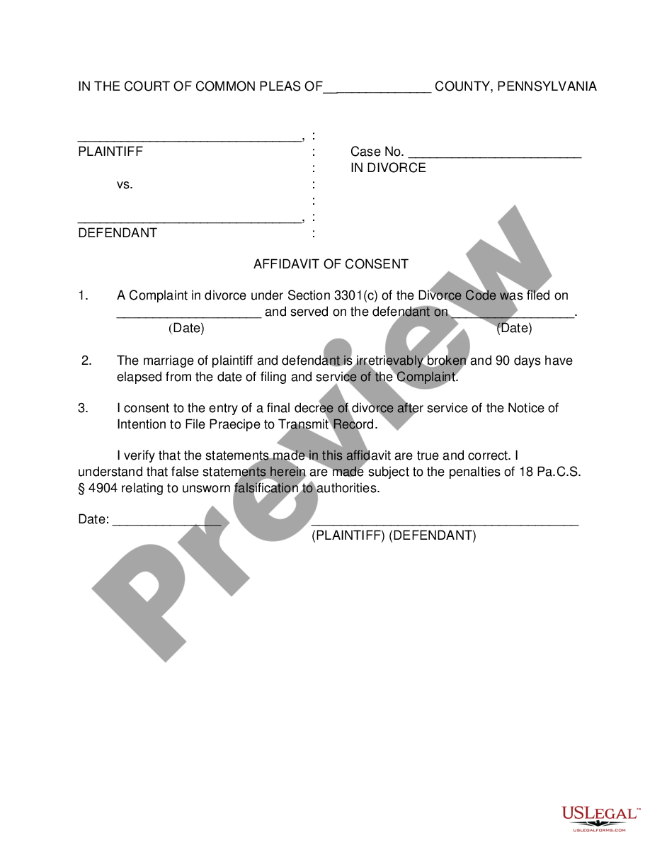 Pennsylvania Defendant s Affidavit Of Consent Affidavit US Legal Forms